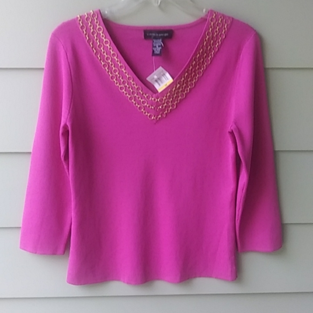 Cable & Gauge Women's Fuscha V-Neck Pull-Over Sweater Embellished Sz M NWT